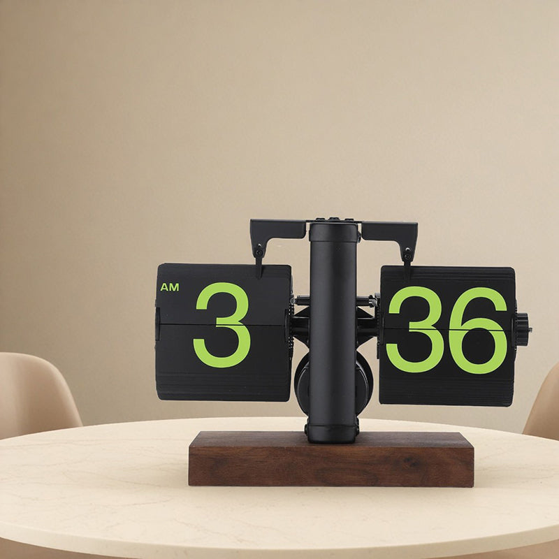 Retro Digital Automatic Flip Desk Clock (Black) Walnut Base