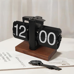 Retro Digital Automatic Flip Desk Clock Black Walnut Base